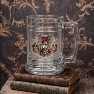 Vintage Rebel Rider Skull Eagle Pewter Emblem Glass Beer Mug Biker Stein